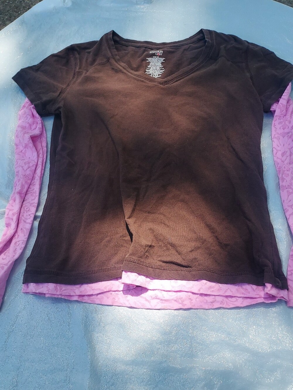 Danskin Now Women's Brown Short-Sleeve Layered Over Pink Long Sleeves Top